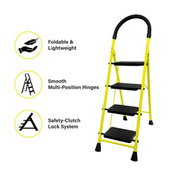 BonKaso Mild Steel Multipurpose Climb Swift 4-Step Foldable Ladder with Safety Clutch Lock, Load Capacity Upto 120kg – Anti-Slip Designed for Indoor & Outdoor Use (Yellow & Black)