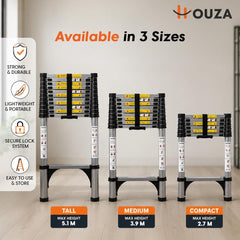 HOUZA 3.9m (13 ft) Steel Telescopic Ladder | 10-Step Foldable Extension Ladder | Portable & Collapsible Ladder for Home, Industrial & Outdoor Use | EN131 Certified | 1 Year Warranty(Silver & Black)