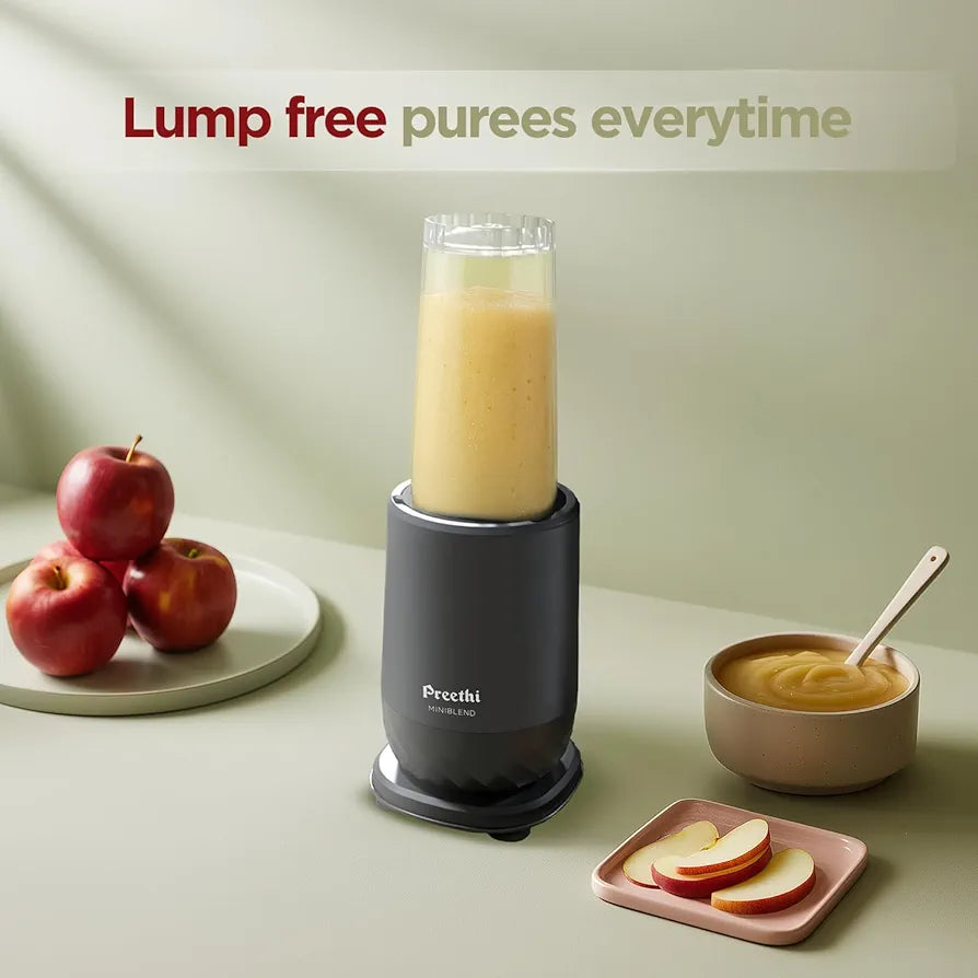 Preethi MiniBlend Compact Food and Juice Blender for Lump Free Purees, Smoothies and Protein Shakes | Razor sharp Ninja blades with 2 Leak-proof Jars, Sipper & Storage Lids | Free Lifelong Service