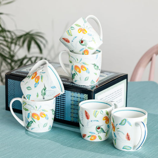 Magique by The Wishing Chair x ClayCraft : Mango Paradise Summer Fine China Ceramic Mug Set of 6 | 200 ml | Tea Cup Set of 6 | Mugs for Coffee | Ideal for Gifting | Perfect for Home & Office