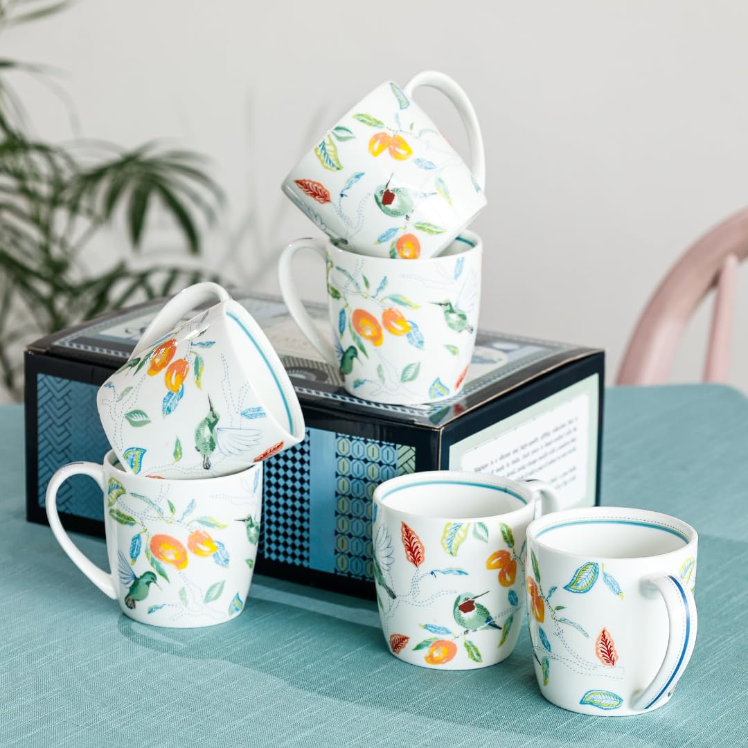 Magique by The Wishing Chair x ClayCraft : Parrot Tulip Garden Coffee Mugs Set of 6 – 250 ml Bone China Tea Cups | Floral Ceramic Mugs | Lightweight Durable Microwave & Dishwasher Safe
