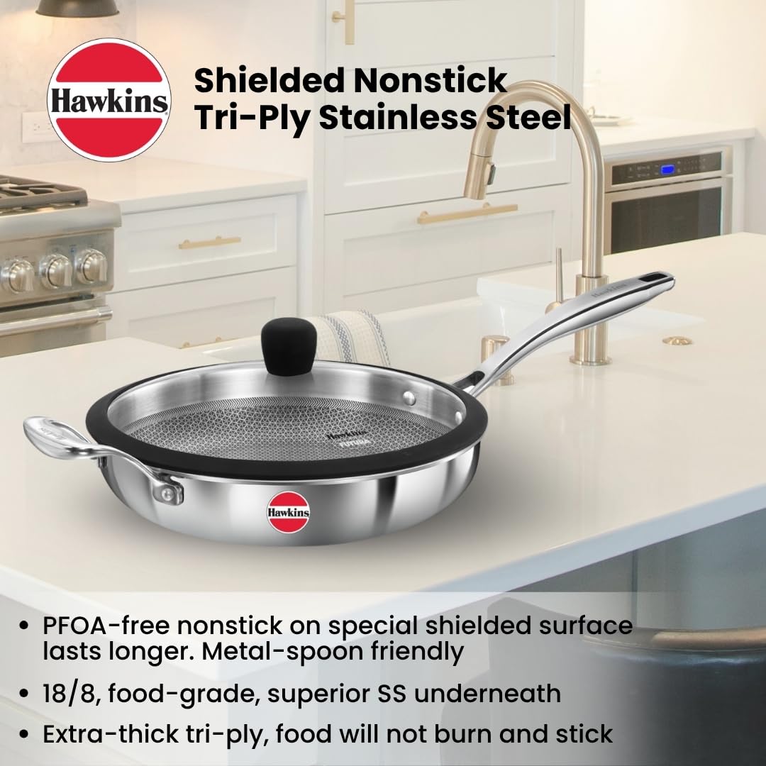 Hawkins Pro 26 cm Shielded Nonstick Triply Frying Pan, Fry Pan with Stainless Steel Handle and Glass Lid, Silver (PSNF26G)
