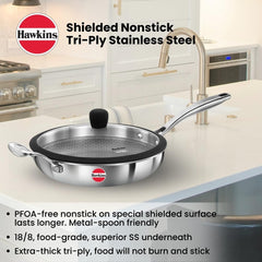 Hawkins Pro 26 cm Shielded Nonstick Triply Frying Pan, Fry Pan with Stainless Steel Handle and Glass Lid, Silver (PSNF26G)