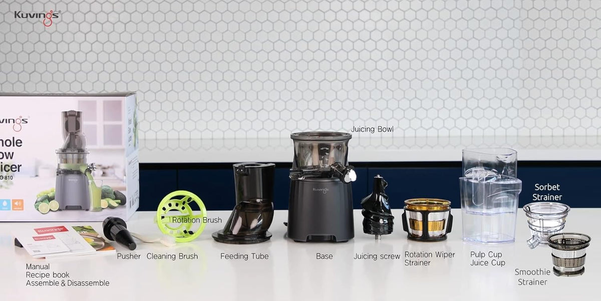Kuvings EVO810 Black Professional Cold Press Juicer,Only Juicer with Patented Rubber & Silicon-Free Technology, 12 YR Warranty, All-in-1 Fruit & Vegetable Juicer,With Smoothie & Sorbet Attachment