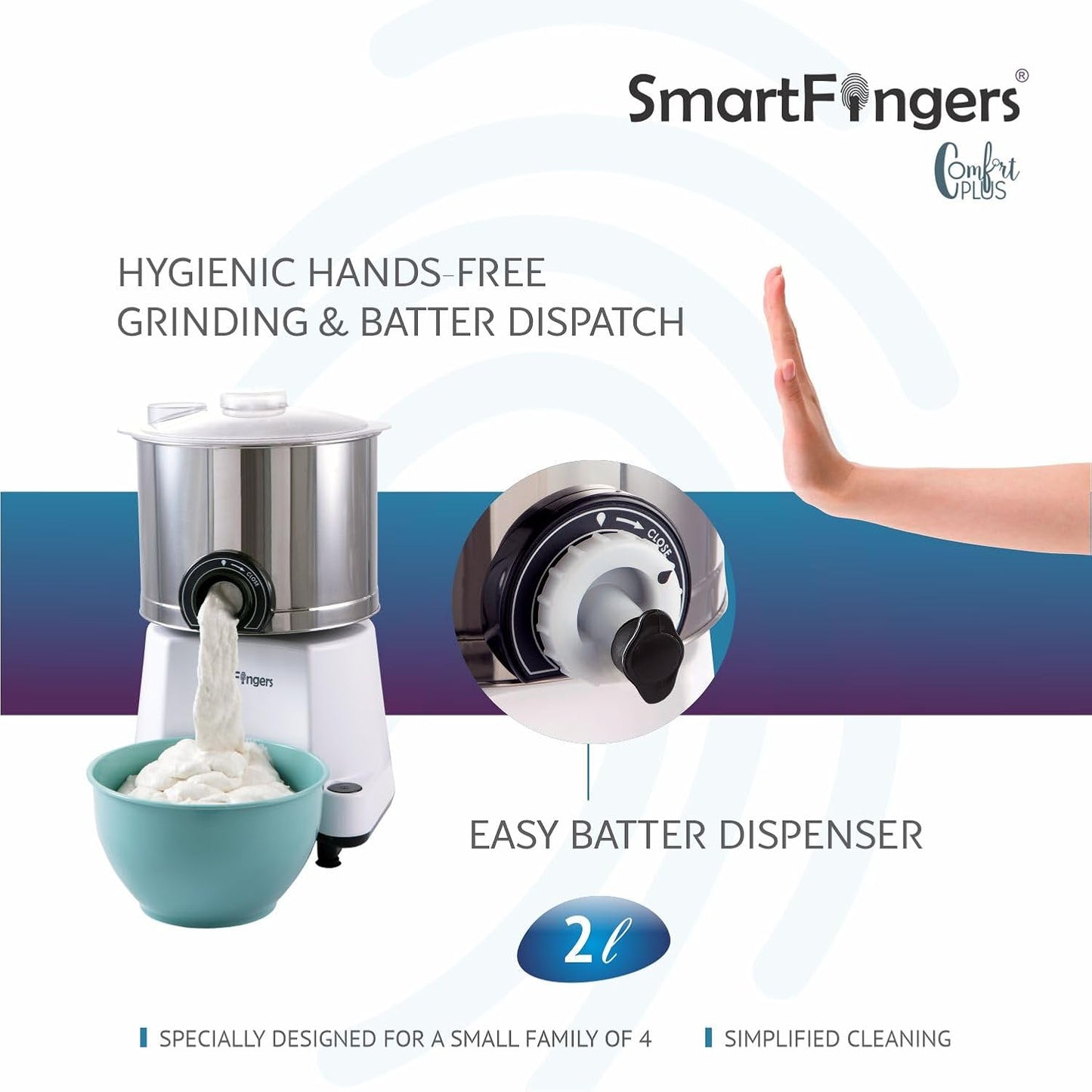 SmartFingers Comfort Plus Table Top Magic Wet Grinder 230V 50hz, 2 Liter, White, 2 Stone