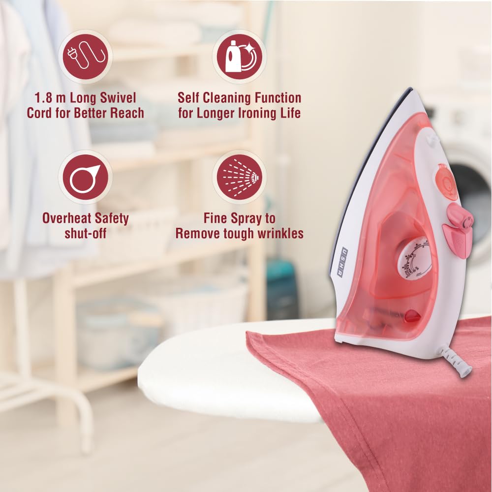 USHA SI 3813 C 1300W Steam Iron with Ceramic Coated Sole Plate, Self Cleaning, 180ml Water Tank, 360° Swivel Cord, Spray & Steam Burst Function – 2 Year Warranty (Pink)
