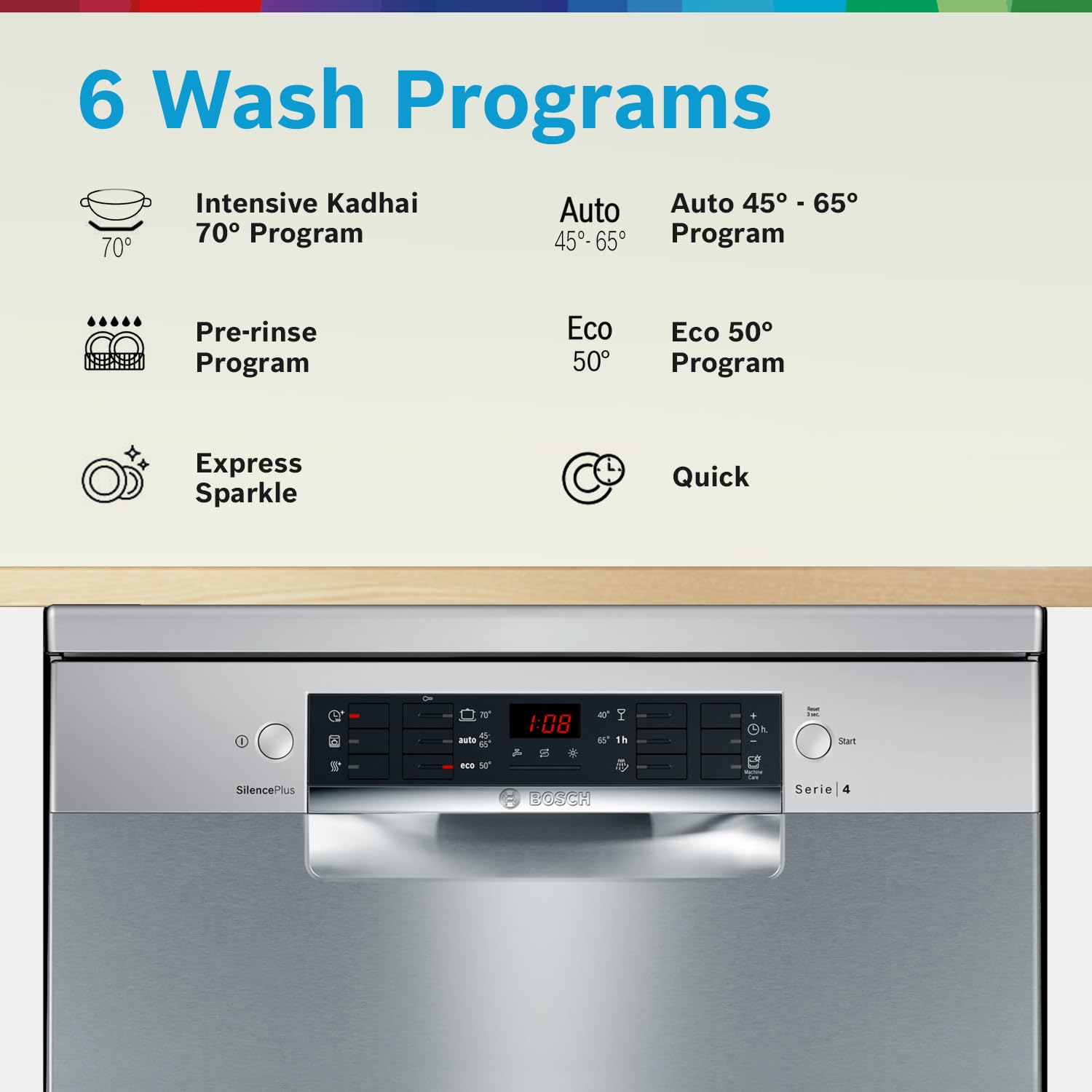 Bosch 14 Place Setting Dishwasher with Intensive Kadhai Program, 70⁰ Hot water wash, 3-Stage Adjustable Upper Rack, No Pre-Rinse (SMS46KI03I, Silver, Glass Protection Technology)
