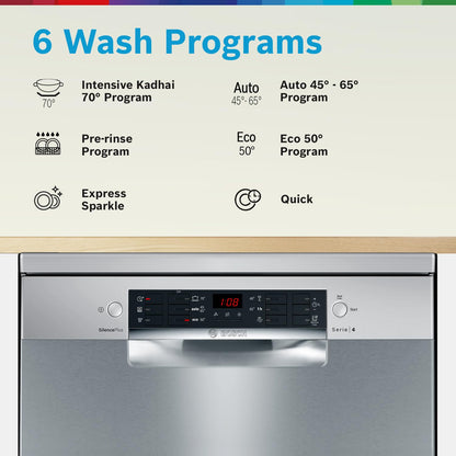 Bosch 14 Place Setting Dishwasher with Intensive Kadhai Program, 70⁰ Hot water wash, 3-Stage Adjustable Upper Rack, No Pre-Rinse (SMS46KI03I, Silver, Glass Protection Technology)
