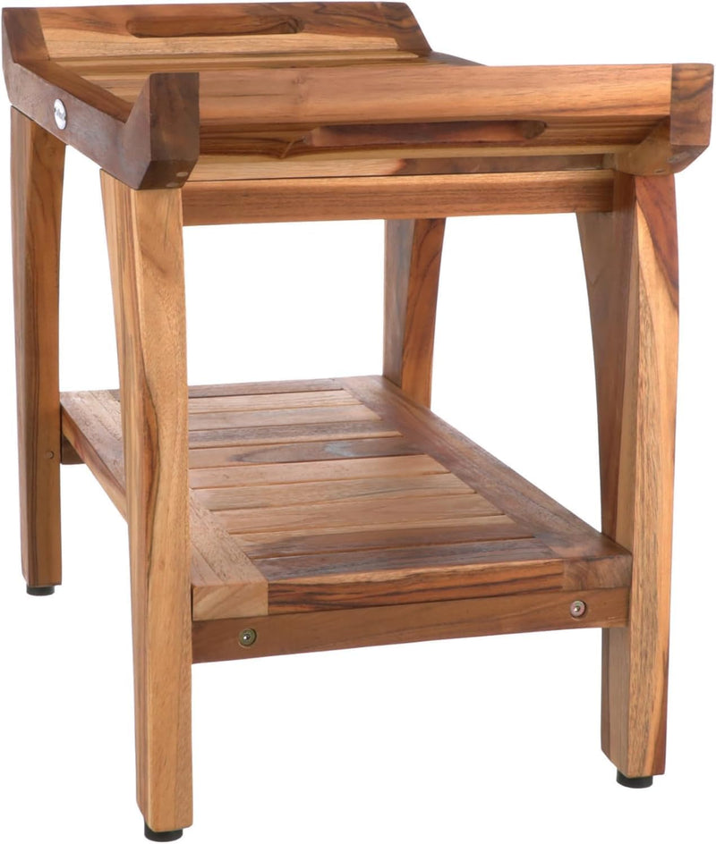 Teak Wood Shower Bench - Waterproof, Durable, Compact Spa Stool for Indoor & Outdoor Use - Non-Slip Rubber Feet