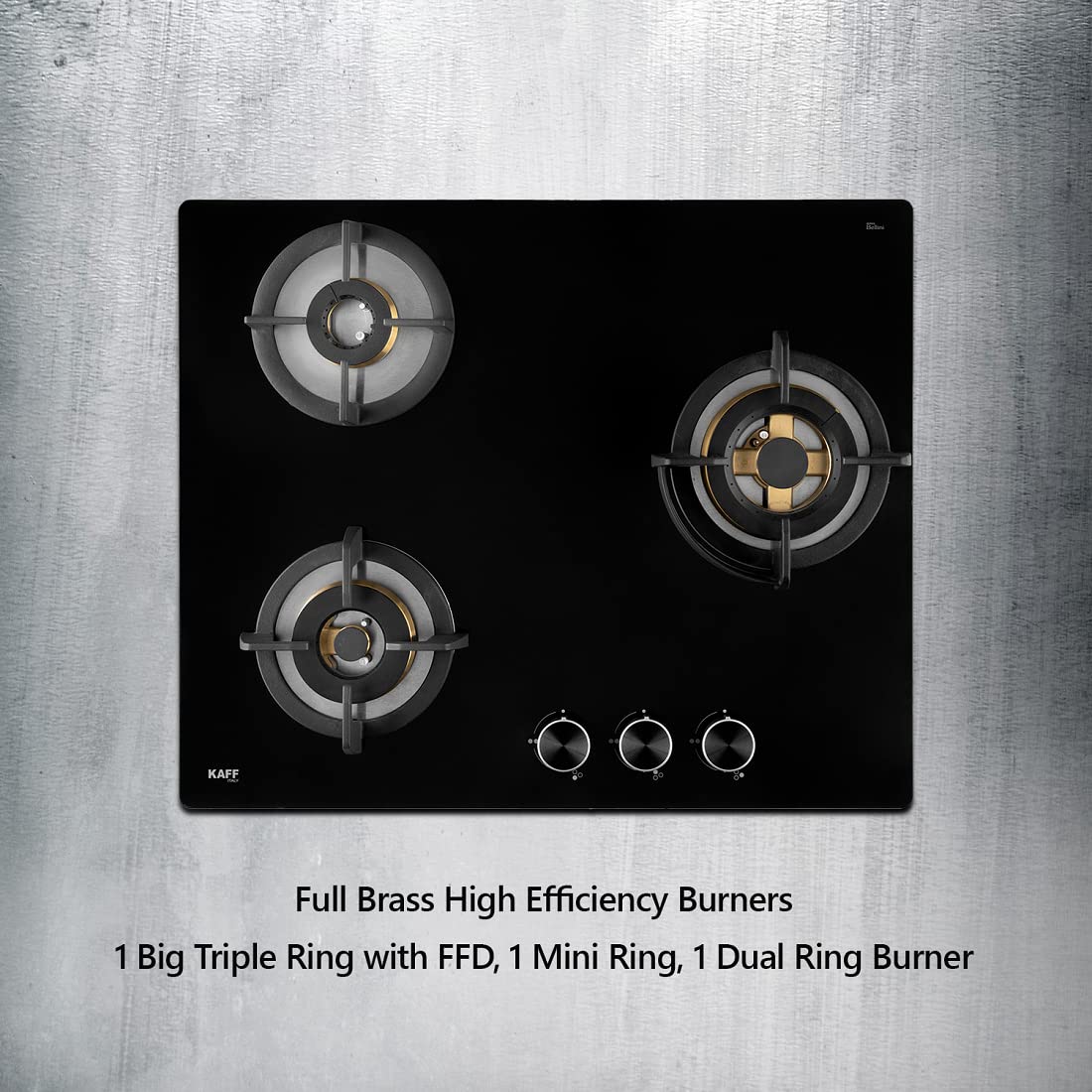 Kaff Bellini BLH 603 Built-in Hobs 3 Burners, Auto Electric Ignition Glass Top, 60 CM, Full Brass Burners, FFD (Flame Fa
