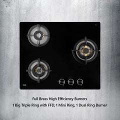 Kaff Bellini BLH 603 Built-in Hobs 3 Burners, Auto Electric Ignition Glass Top, 60 CM, Full Brass Burners, FFD (Flame Fa