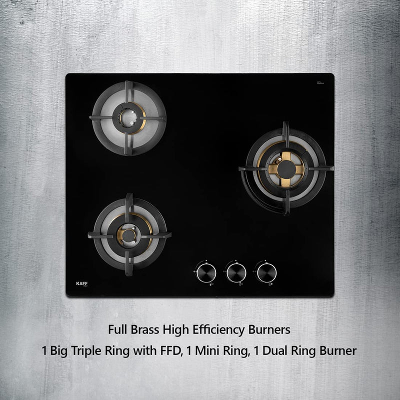 Kaff Bellini BLH 603 Built-in Hobs 3 Burners, Auto Electric Ignition Glass Top, 60 CM, Full Brass Burners, FFD (Flame Fa