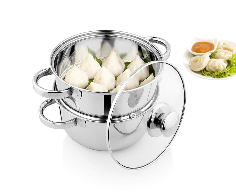 Pigeon by Stovekraft Steel X Steamer Stainless Steel Induction Base, Modak Maker/Momo Maker, Dual Compartment With Glass