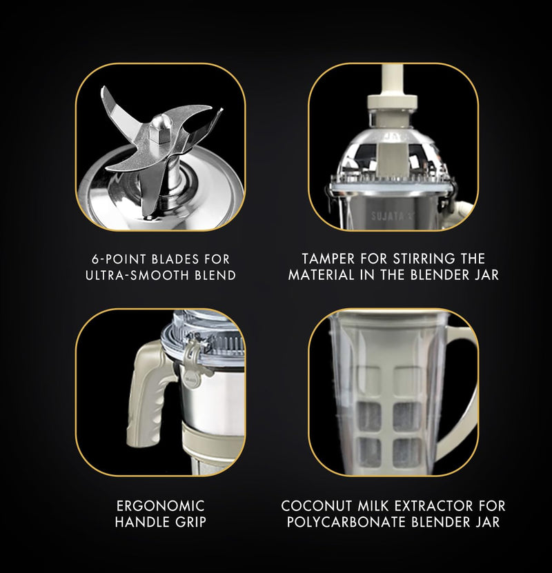 Sujata MG03 Mixer Grinder|1000 Watts Double Ball Bearing Motor|24000 RPM|Non-Stop 90 Mins Running|4 Jars including 1750ml Blender with Coconut Milk Extractor, 1500ml, 1000ml, 500ml Jar|Beige & White