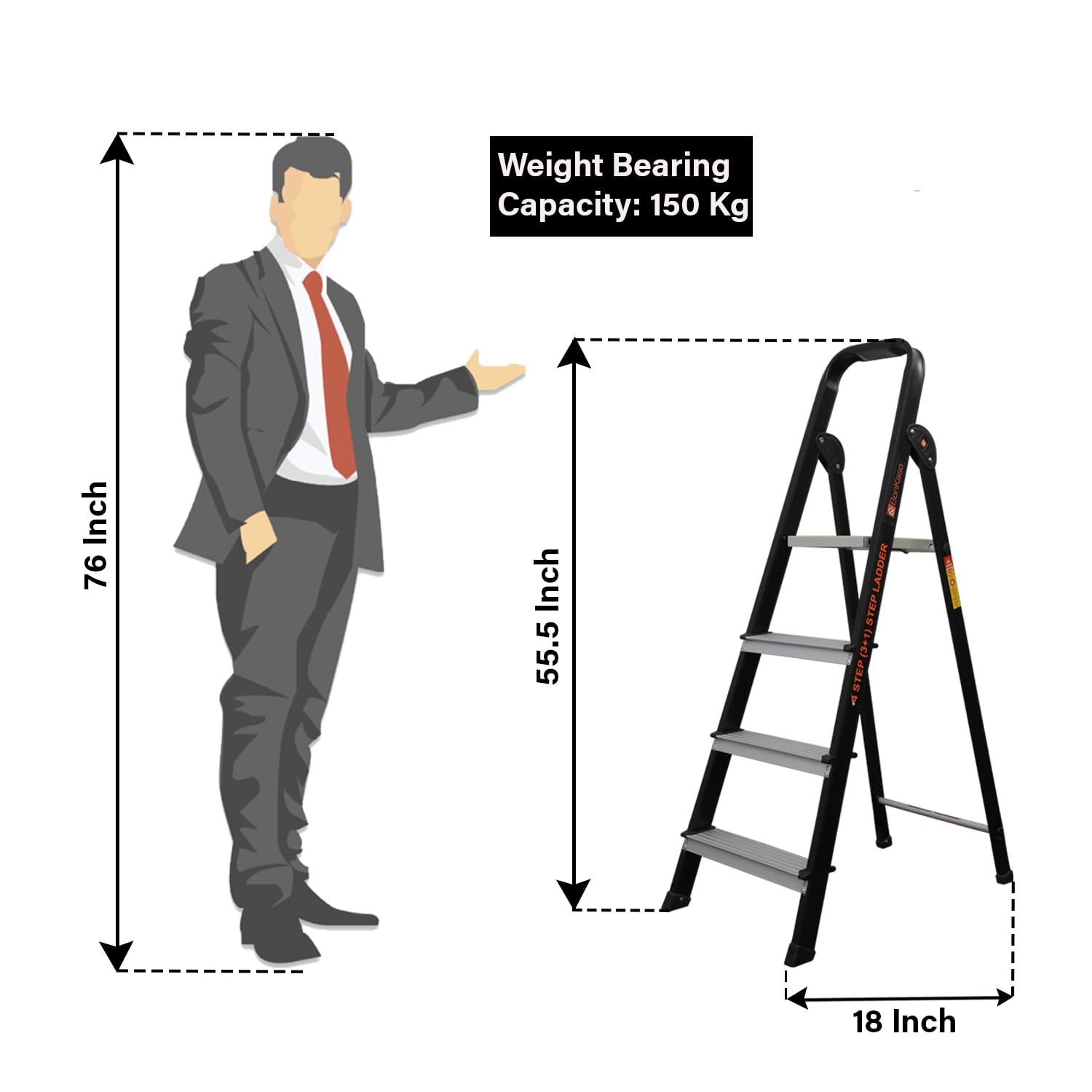 Bonkaso Climb Lite Pro 4 Steps Foldable Aluminium Ladder, upto 120kg Load Capacity, Multipurpose ladder for home & office, Anti-Skid Steps, Heavy Duty Platform, 5 Years Warranty (141h x 46w Cms) Black