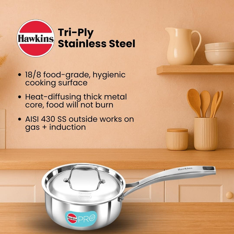 Hawkins Pro 1.5 Litre Sauce Pan, Tri-Ply Stainless Steel Tea Pan/Milk Pan with Stainless Steel Lid, Silver (PSSP15S)