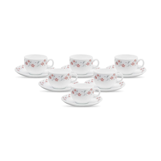 La Opala Diva, Opal Glass Crockery | Cup & Saucer Iris Regular, Set of 12 | Grace Red, 160 ml | for Tea & Coffee | Microwave Safe | 100% Vegetarian | Extra Strong | Super Light | Super White