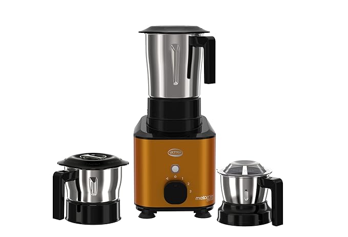 Ultra Metamix 750W 3Jar Mixer Grinder,Candy Yellow for Superfast grinding,High Speed,750 W,Safety Lock,SS304 Food Grade Jars,3 Jars(0.5L 0.8L,1.5L), ABS Body, Serrated blades, 5 Y WarrantyonMotors.