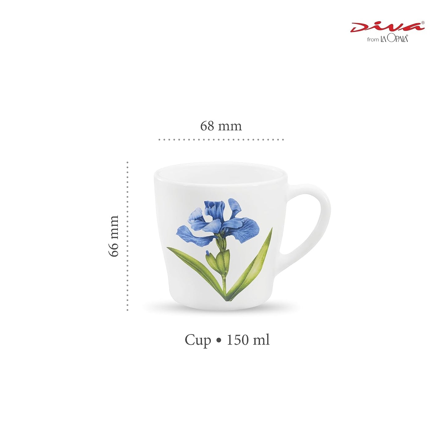 La Opala Diva, Opal Glass Crockery | Cup Gloria, Set of 6 | Royal Iris, 160 ml | for Tea & Coffee | Microwave Safe | 100% Vegetarian | Toughened Extra Strong | Super Light | Super White