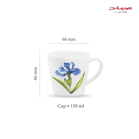La Opala Diva, Opal Glass Crockery | Cup Gloria, Set of 6 | Royal Iris, 160 ml | for Tea & Coffee | Microwave Safe | 100% Vegetarian | Toughened Extra Strong | Super Light | Super White