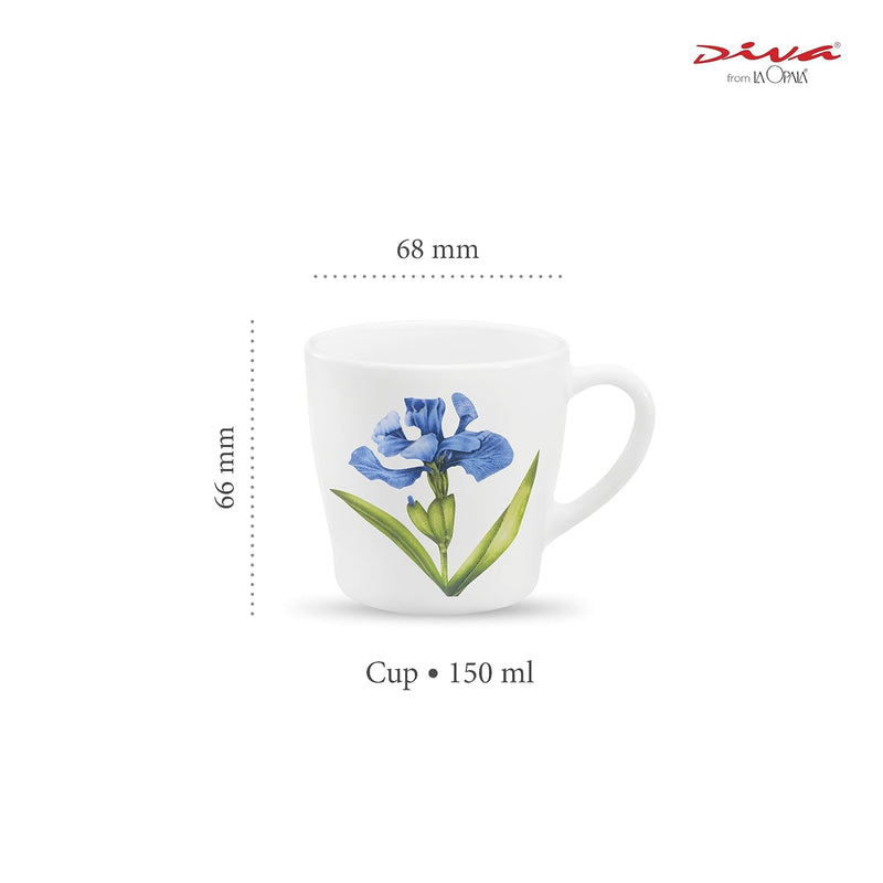 La Opala Diva, Opal Glass Crockery | Cup Gloria, Set of 6 | Royal Iris, 160 ml | for Tea & Coffee | Microwave Safe | 100% Vegetarian | Toughened Extra Strong | Super Light | Super White