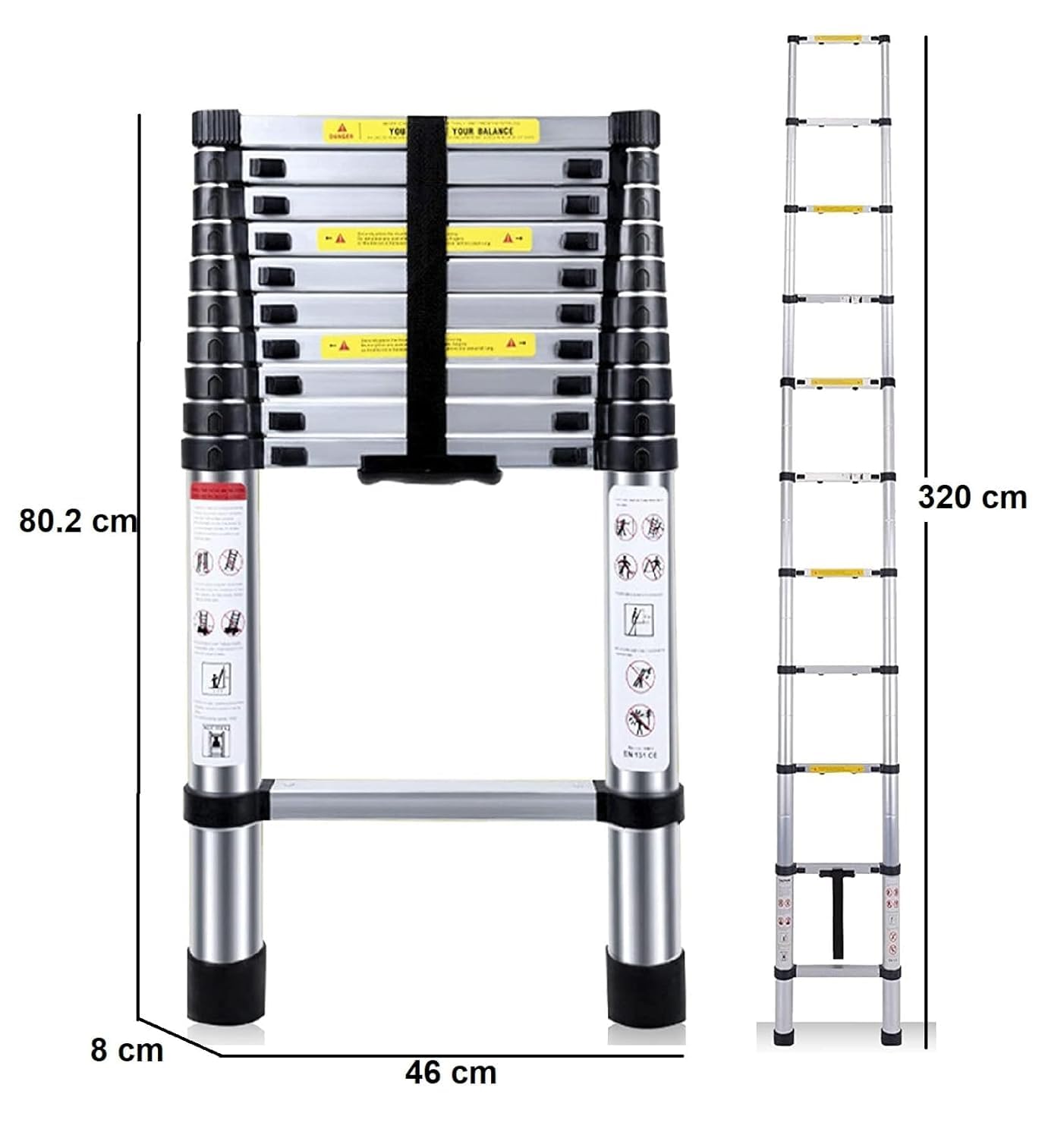 BonKaso VertiPro 3.8M(12.5Ft) Telescopic Ladder|Aluminum Ladder 13 Steps|Multipurpose for Home & Outdoor use with Self Lock Mechanism|EN131 Certified Max Load Capacity of 150kg