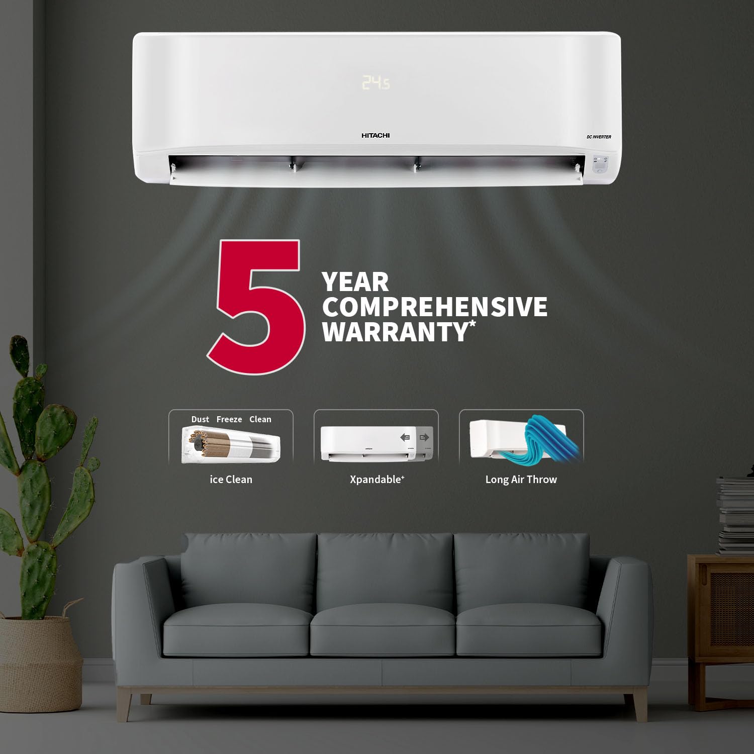 Hitachi 1.5 Ton 5 Star Xpandable+ Inverter Split AC (100% Copper, Smart Display, 4-Way Swing, ice Clean, Dust Filter, 5400STXL RAS.G518PCCIBT, White)
