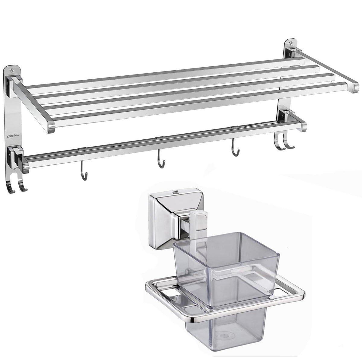 Plantex Heavy-Duty Stainless Steel Dual Folding Towel Rack/Holder/Towel Stand/304 Grade Stainless Steel Tooth Brush Holder/Tumbler Holder/Bathroom Accessories (Chrome)