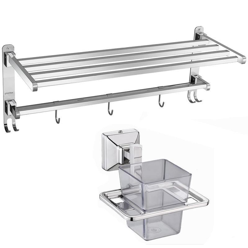 Plantex Heavy-Duty Stainless Steel Dual Folding Towel Rack/Holder/Towel Stand/304 Grade Stainless Steel Tooth Brush Holder/Tumbler Holder/Bathroom Accessories (Chrome)-1