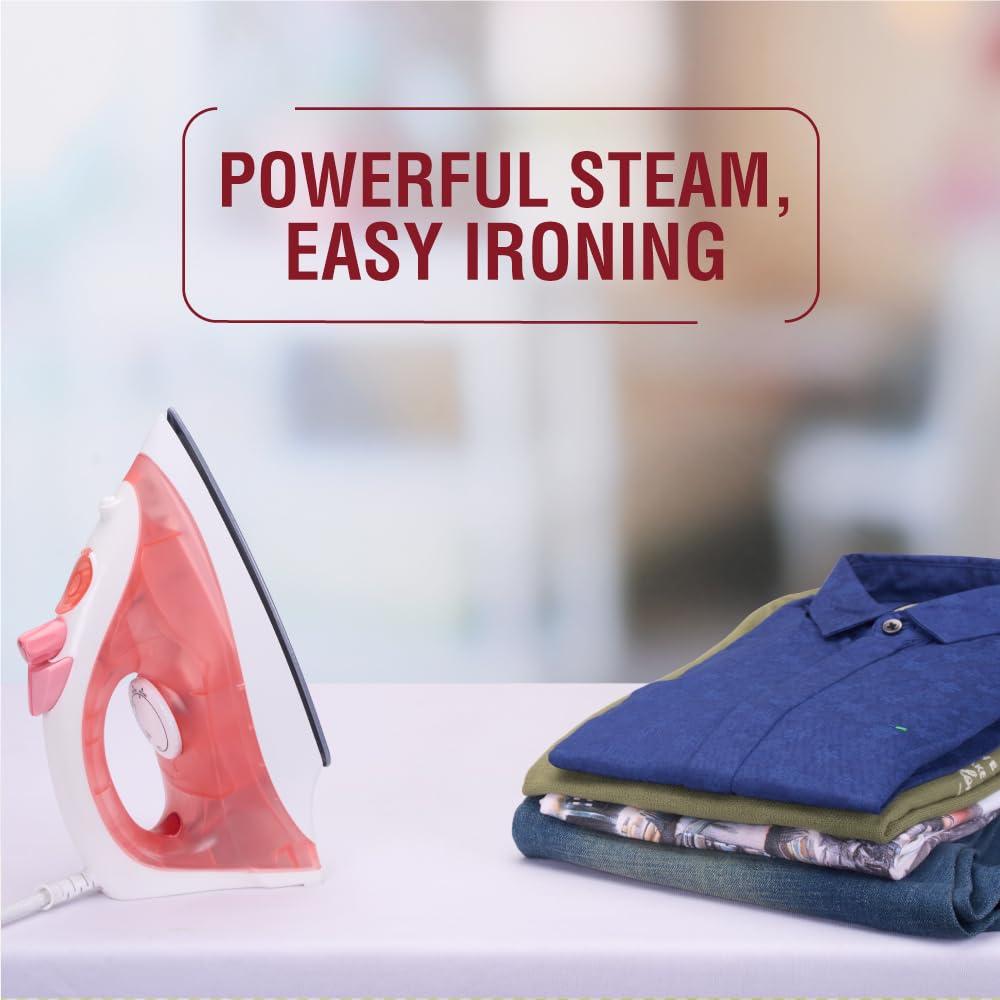 USHA SI 3813 C 1300W Steam Iron with Ceramic Coated Sole Plate, Self Cleaning, 180ml Water Tank, 360° Swivel Cord, Spray & Steam Burst Function – 2 Year Warranty (Pink)