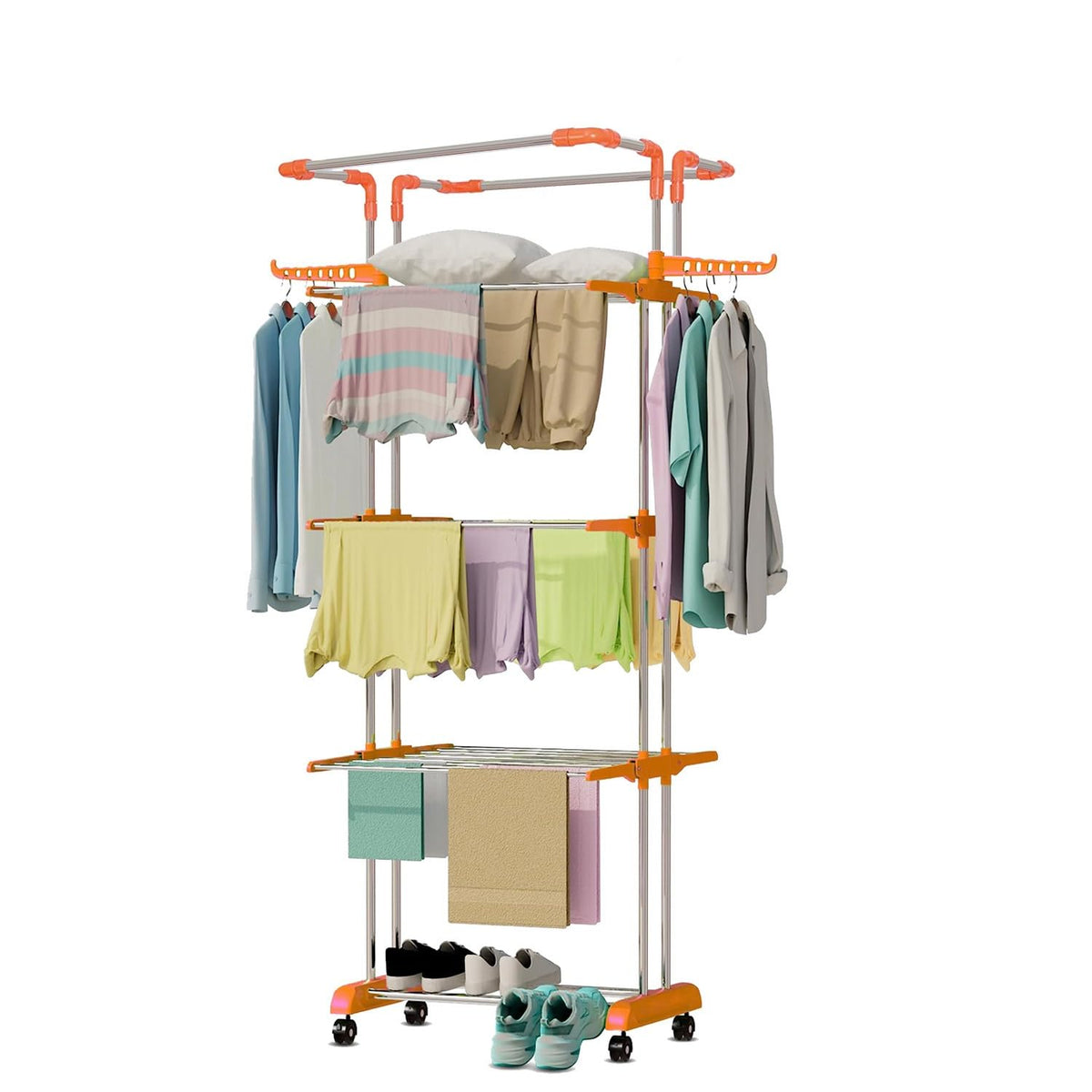 HOUZA Stainless Steel Clothes Drying Stand | 4 Layer Foldable Cloth Dryer Stand with Wheels | 6 Foldable Wings - Orange