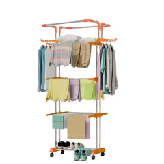 HOUZA Stainless Steel Clothes Drying Stand | 4 Layer Foldable Cloth Dryer Stand with Wheels | 6 Foldable Wings - Orange