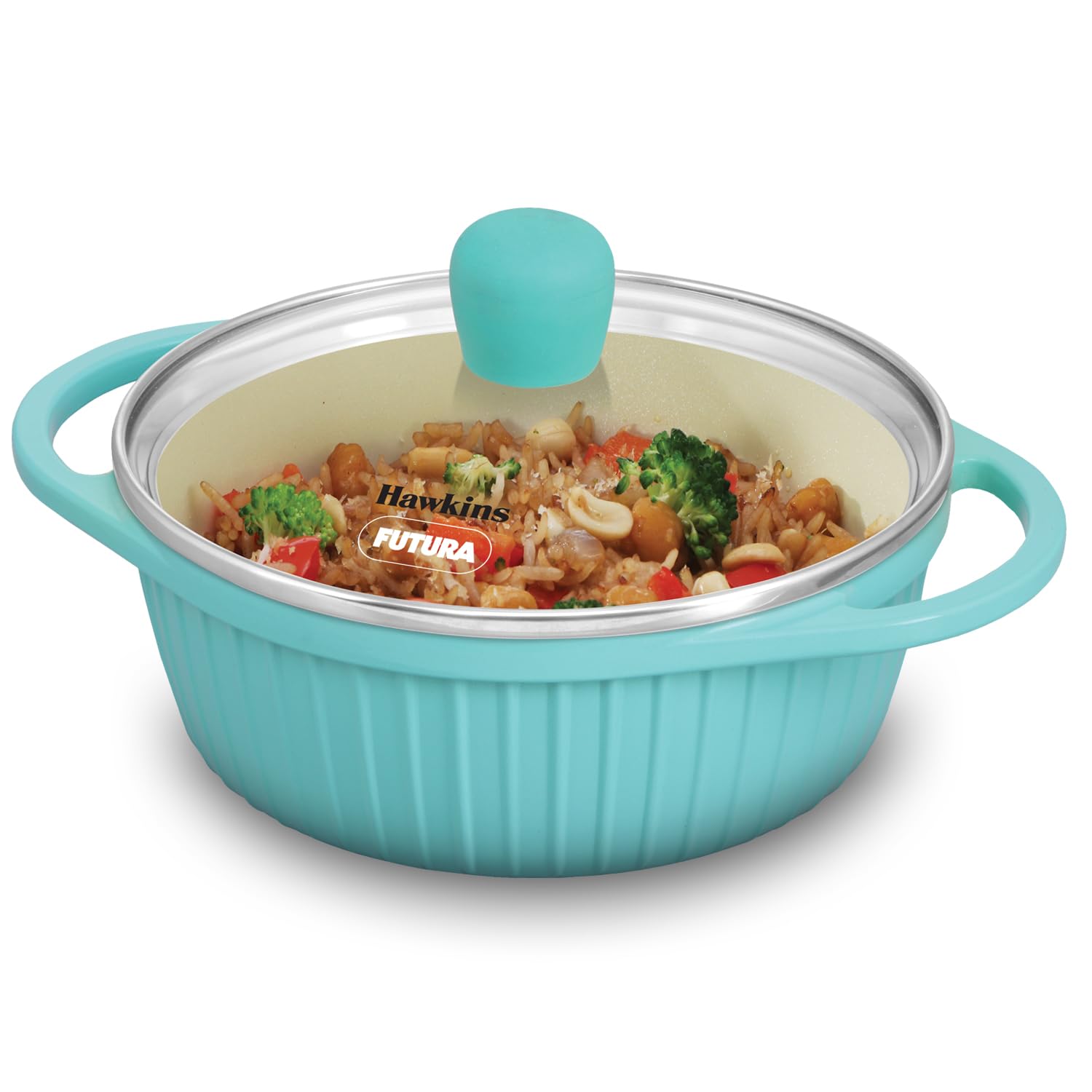 Hawkins 2 Litre Cook n Serve Casserole, Aqua Casserole with Glass Lid, Aqua Blue (IUC20G)
