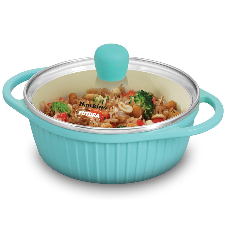 Hawkins 2 Litre Cook n Serve Casserole, Aqua Casserole with Glass Lid, Aqua Blue (IUC20G)