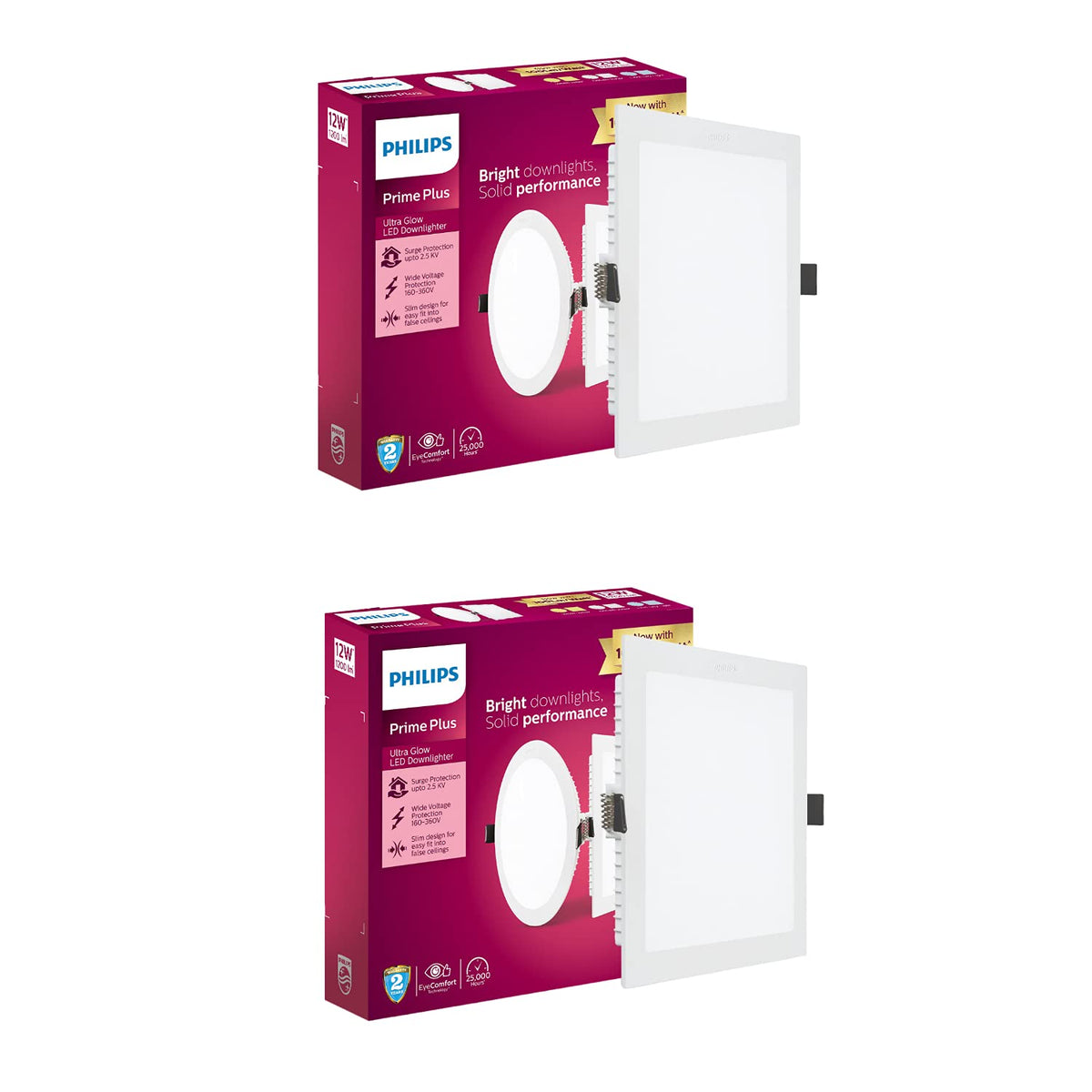 Philips 12W Square AP Plus UltraGlow LED DL Recessed LED Panel Ceiling Light (Pack of 2,Cool Day White)