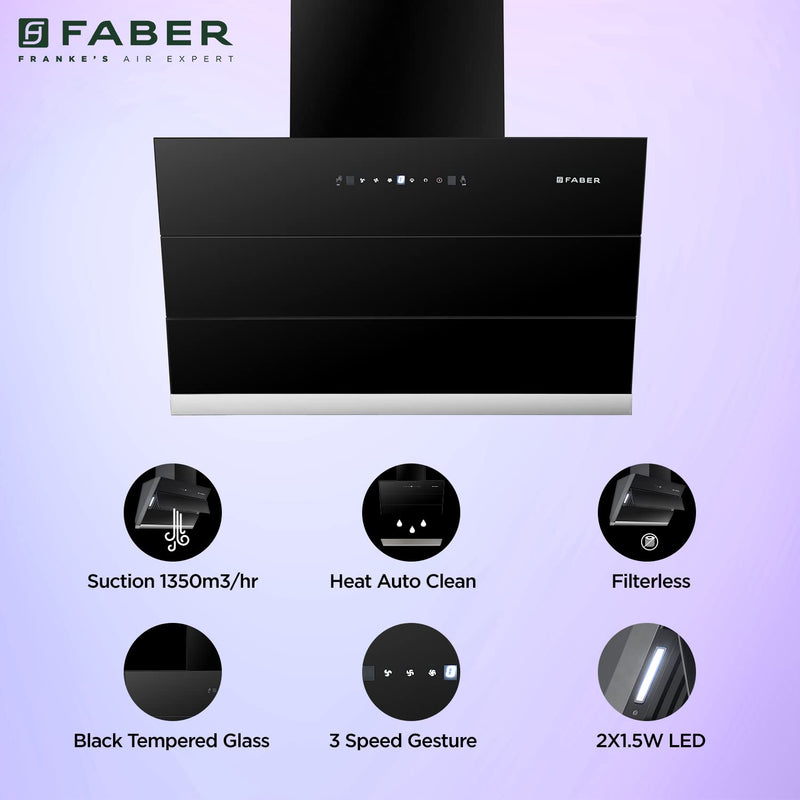 Faber 75 Cm 1350 M3/Hr Autoclean Slant Chimney, Filterless, Lifetime On Motor, 5 Yr Comprehensive Warranty, (Hood Zenith