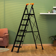 Bonkaso Alloy Steel Climb Master 7-Step Foldable Heavy Duty Ladder for Home, Indoor and Outdoor Purpose with Anti-Slip and Advanced Locking System - (Black&Orange)