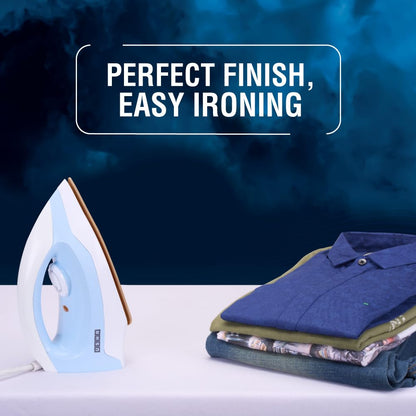 USHA EI 3802 1000W Dry Iron with Double Coat Golden Weilburger Soleplate, 180° Swivel Cord, Easy Fabric Selector & Overheat Protection (Blue/White)