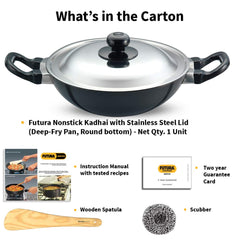 Hawkins Futura 1.5 Litre Deep Fry Pan, Non Stick Kadai with Stainless Steel Lid, Round Bottom Kadhai, Small Non Stick Kadai, Black (NK15S)