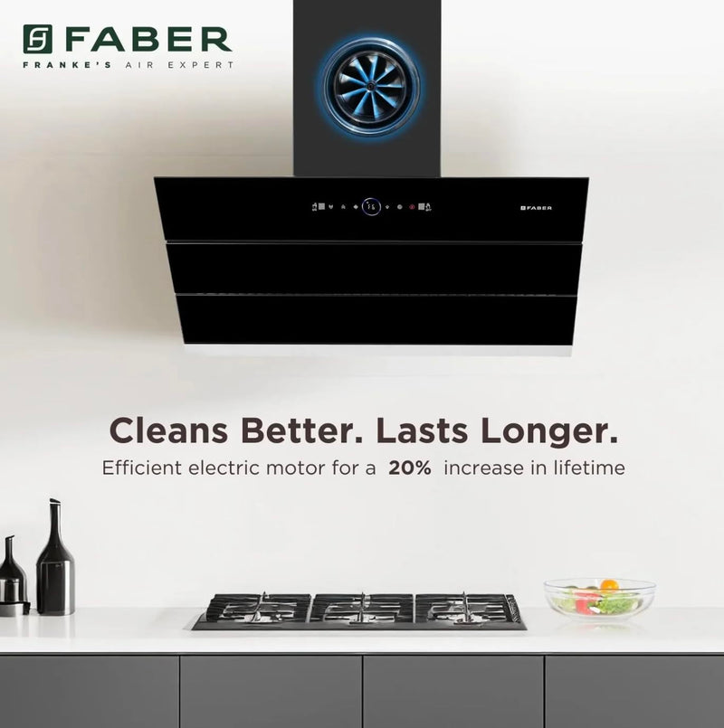Faber Comet 90cm 1600m³/hr BLDC Autoclean Filterless Slant Chimney| Built In Oil Collector|Touch & Gesture Control| 12Yr