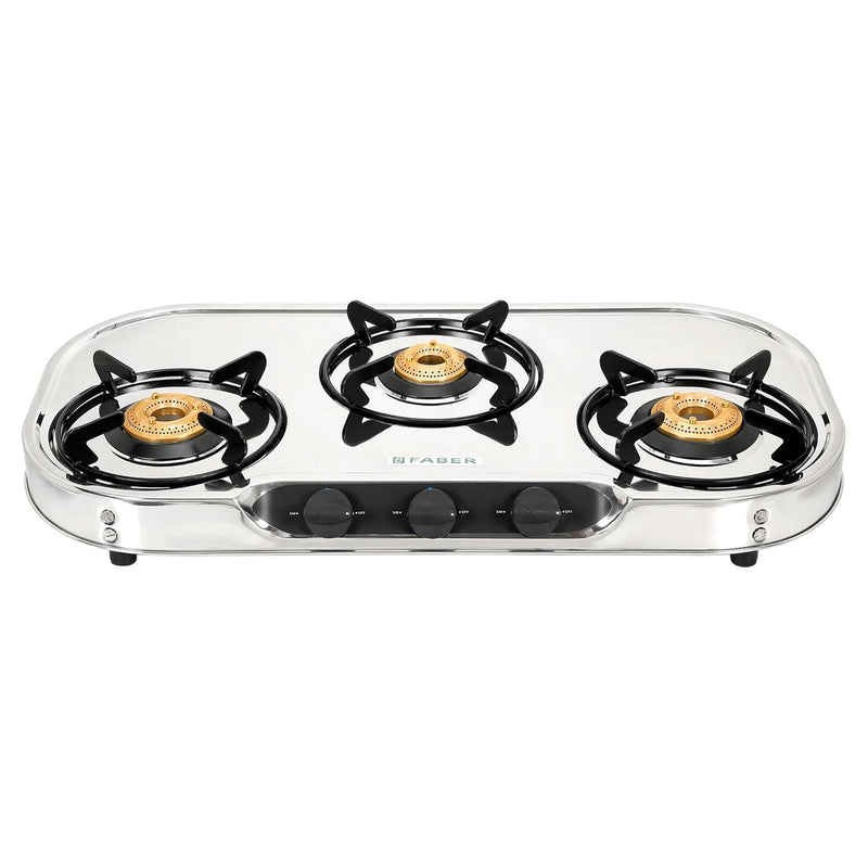 Faber high efficiency 3 Brass Burner gas stove|| Stainless Steel|| ISI Certified gas stove, Manual Ignition, (COOKTOP CR