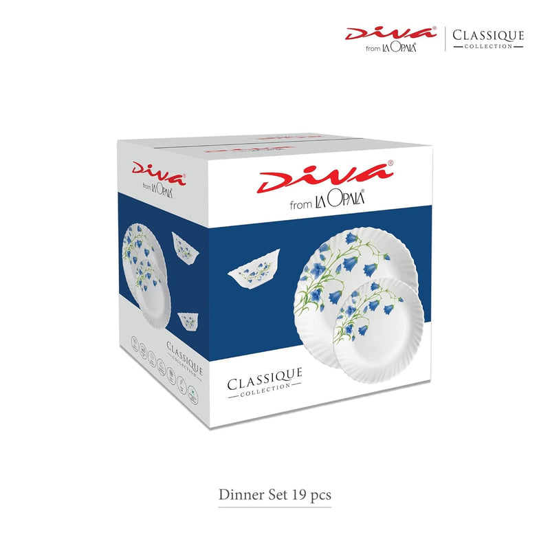 La Opala Diva Classique Collection Opal Glass Crockery | for Family of 6 | Dinner Set 19 pcs Aster Blue | Plates & Bowls for Dining | Microwave Safe | 100% Vegetarian | Extra Strong | White