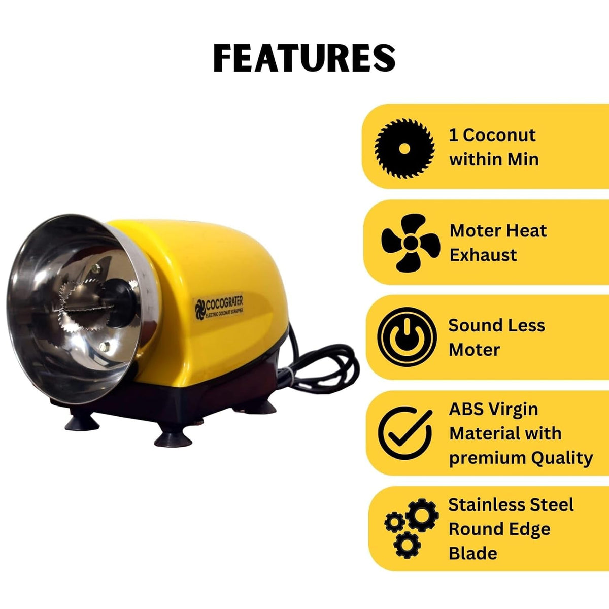 Sree Kitchen Equipments BEEMAX Domestic and Commercial Electric Coco Fast Grater Yellow Colour| 100 Watts, 750 RPM, 240V | Stainless Steel Blade | 2 Year Warranty | Perfect for Every House