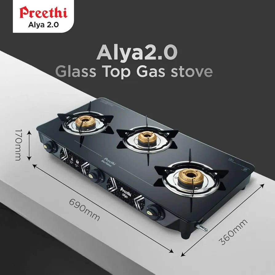 Preethi Alya 3 Burner Glass Top Gas Stove | 5-Year Warranty on Glass & Burners | ISI Certified |