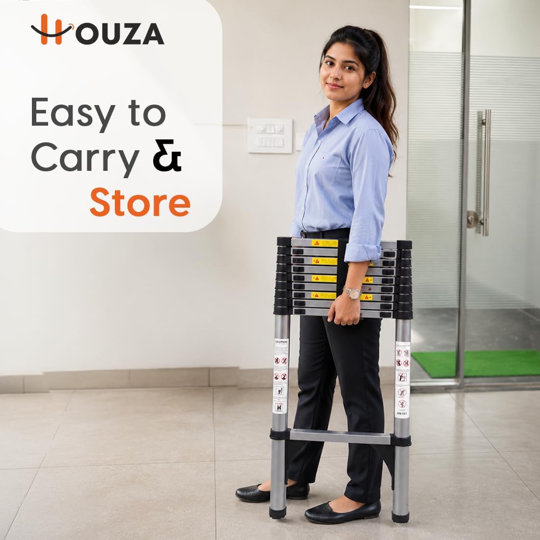 HOUZA 3.9m (13 ft) Steel Telescopic Ladder | 10-Step Foldable Extension Ladder | Portable & Collapsible Ladder for Home, Industrial & Outdoor Use | EN131 Certified | 1 Year Warranty(Silver & Black)