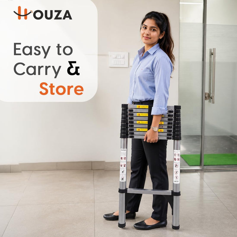 HOUZA 3.9m (13 ft) Steel Telescopic Ladder | 10-Step Foldable Extension Ladder | Portable & Collapsible Ladder for Home, Industrial & Outdoor Use | EN131 Certified | 1 Year Warranty(Silver & Black)