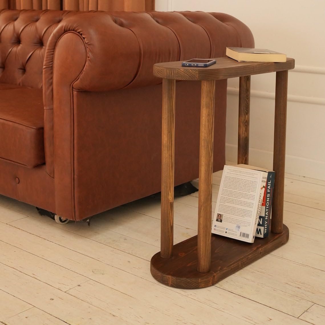 Walnut Wood Round End Table | Oval Bedside Coffee Table for Living Room | Handmade Rustic Furniture for Home De