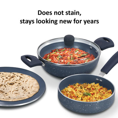 Hawkins Ceramic Nonstick 3-Piece Kitchen Gift Set - 1.75 L Deep Kadhai, 16 cm Frying Pan and 24 cm Tava, Grey (24ICGP)