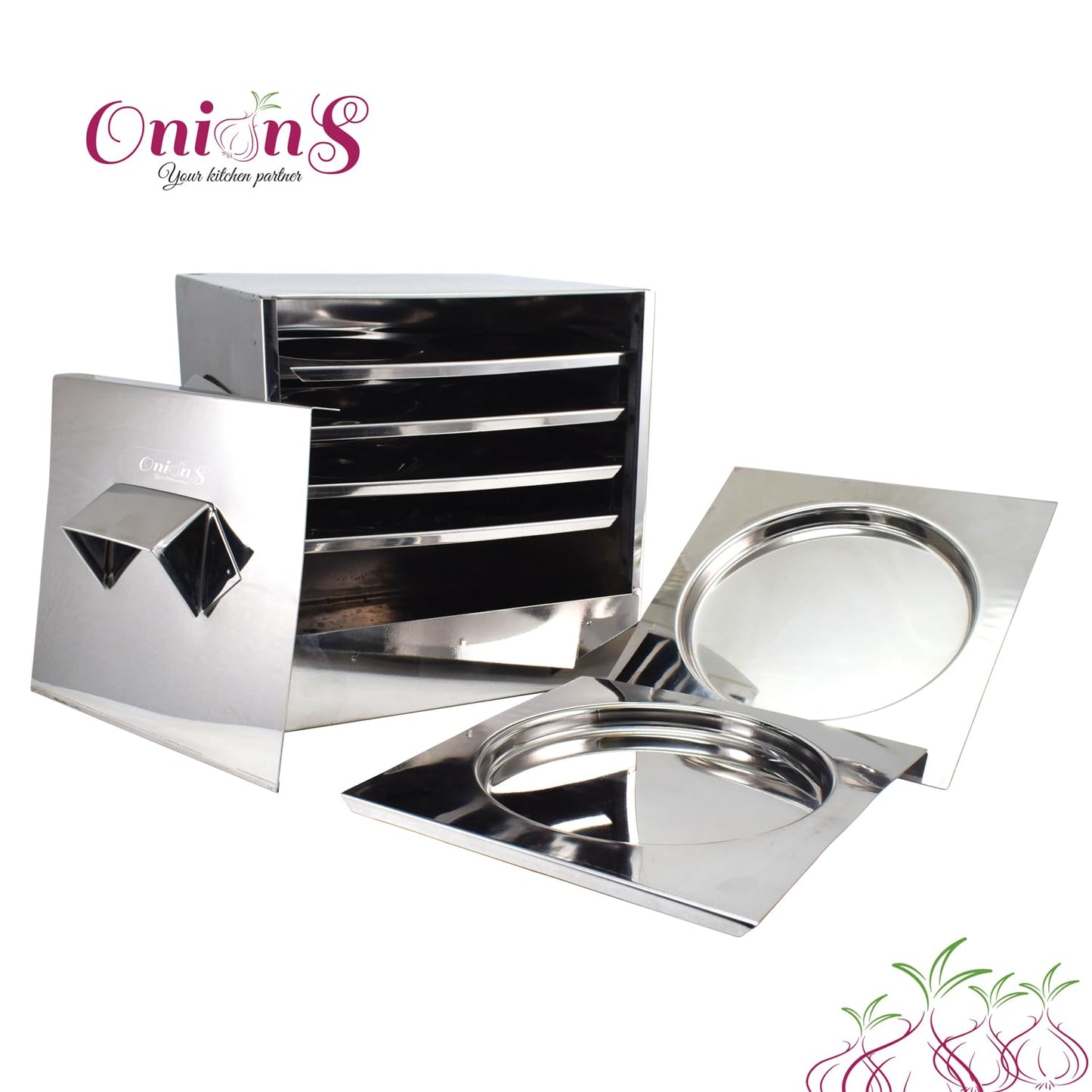 Onions Stainless Steel Cauka/Square/Cubic Idly cooker 4 + 2 plates with16 Regular idly Extra 2 Tatte Idly/Dhokla plates - Gas stove and Induction Stove Compactible –FOR HOME USE ONLY