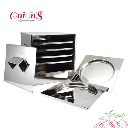 Onions Stainless Steel Cauka/Square/Cubic Idly cooker 4 + 2 plates with16 Regular idly Extra 2 Tatte Idly/Dhokla plates - Gas stove and Induction Stove Compactible –FOR HOME USE ONLY